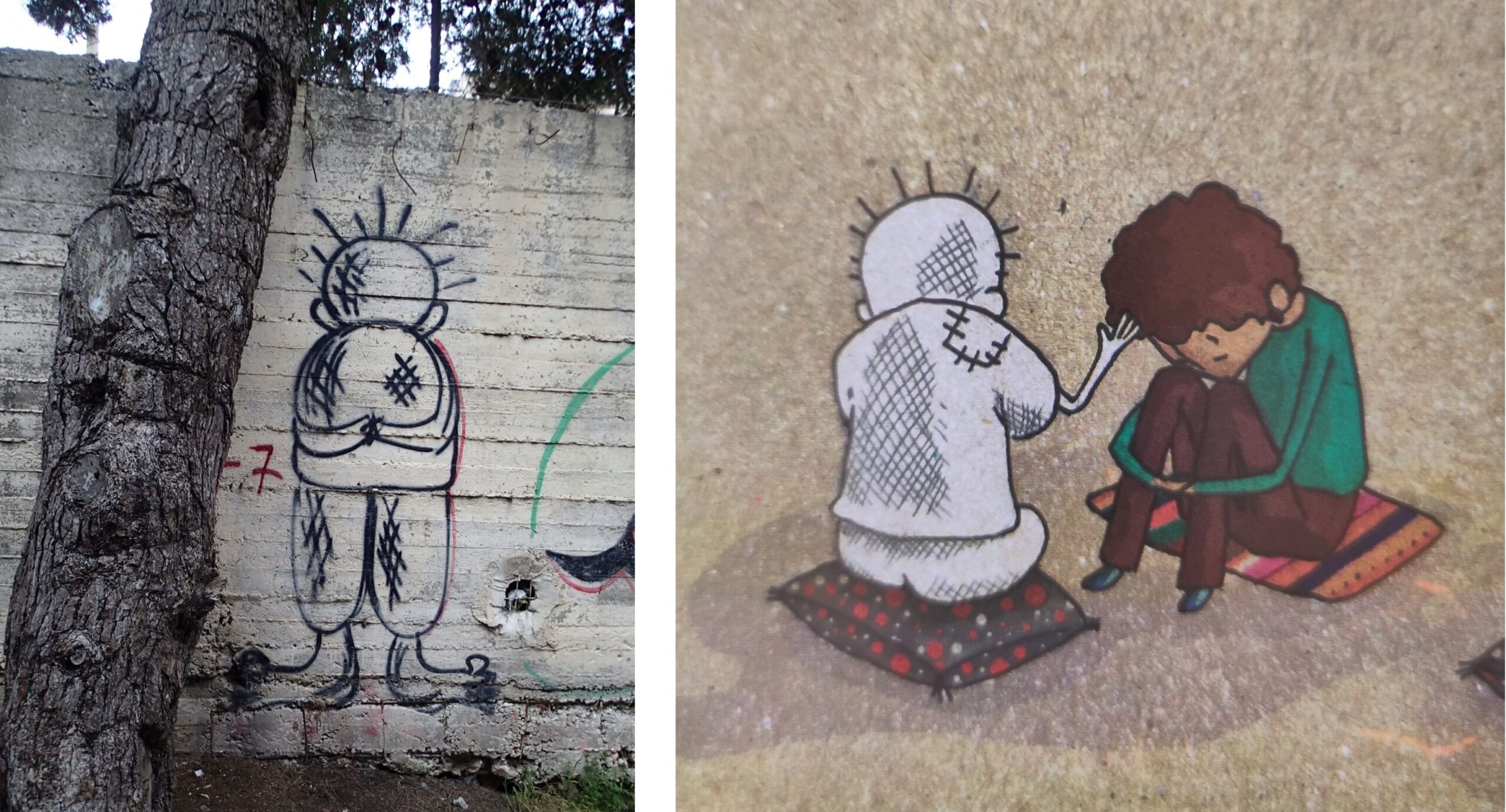 Links: Handala an einer Mauer in Bethlehem Foto: Pia Tschupp - rechts: Handala im palästinensischen Bilderbuch «Der Zeichner des Baumes» © Al-Tufula-Centre